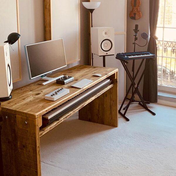 Reclaimed wood computer desk with sliding keyboard shelf