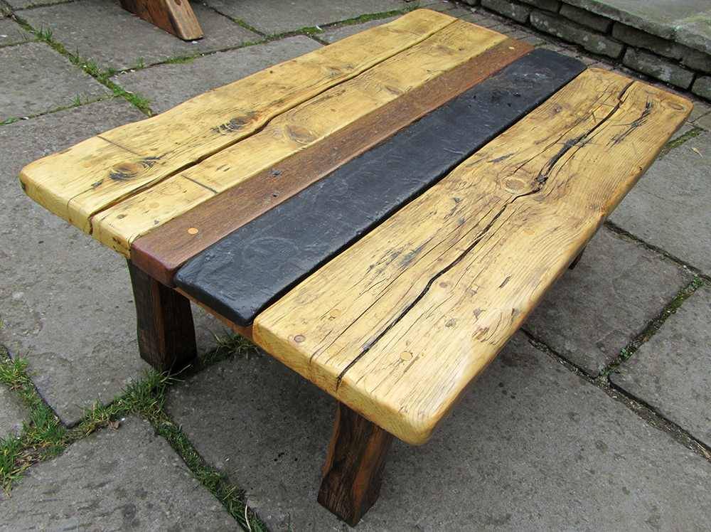 Slate, teak and pine topped coffee table
