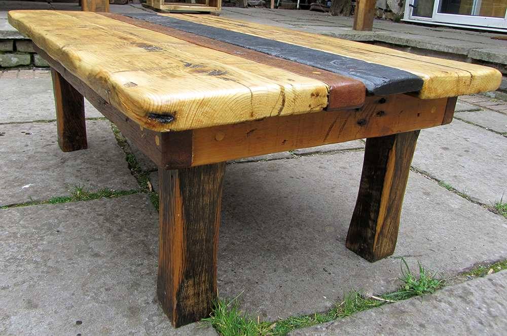 Slate, teak and oak coffee table